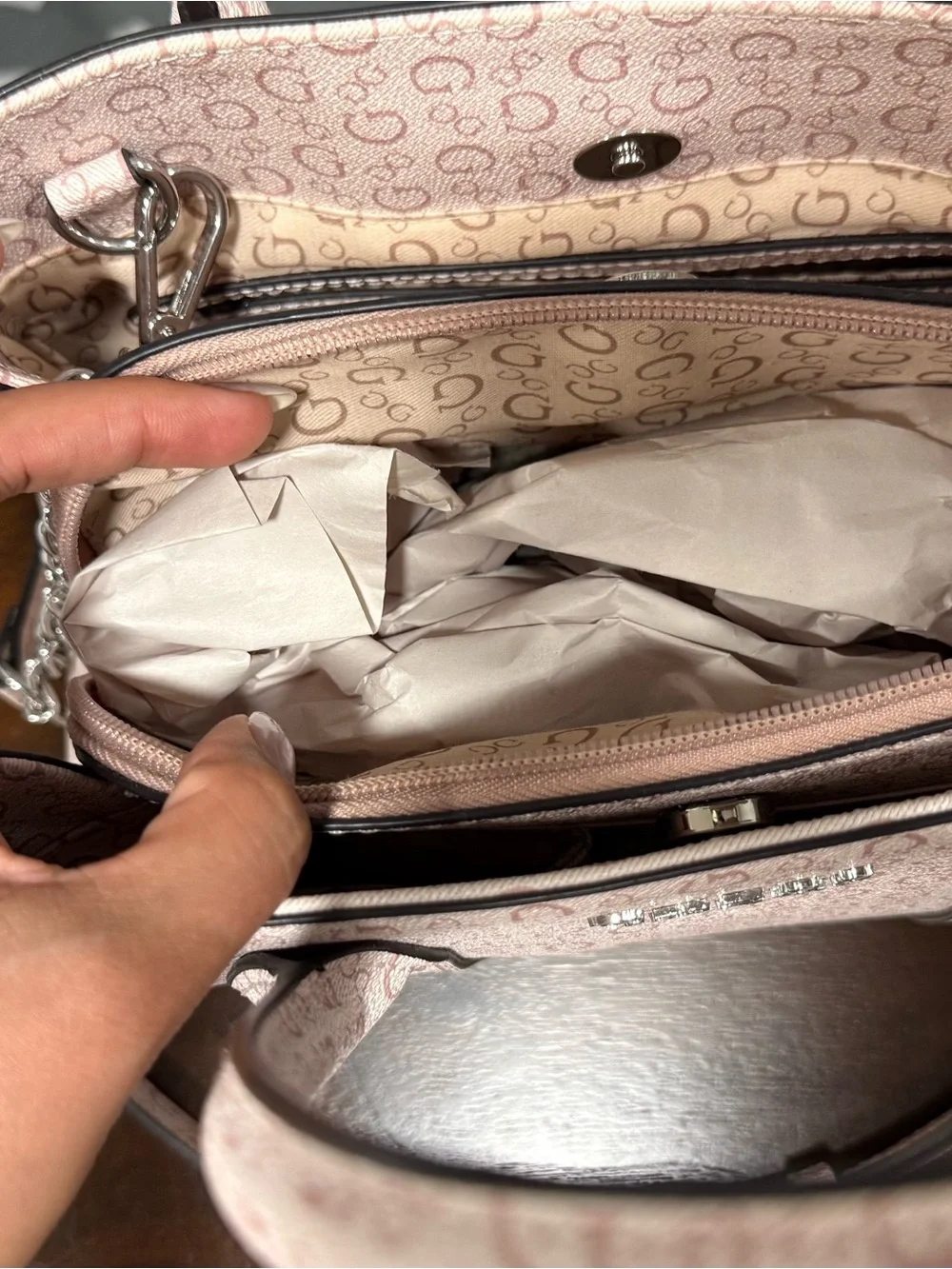 GUESS Light Pink Logo Print Satchel with Removable Strap